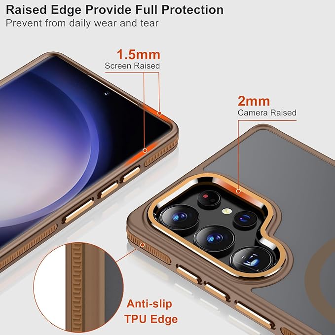 Case for Samsung Galaxy S25 Ultra, Compatible with Magsafe, [Invisible & Adjustable Stand] for Matte Translucent Cover, Anti-Slip Shockproof Slim Phone Case for Galaxy S25 Ultra (Brown)