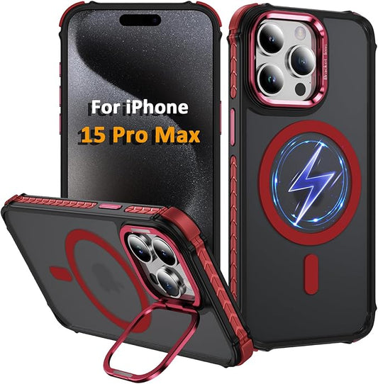 Magnetic for iPhone 15 Pro Max Case Red with MagSafe Wireless Charging Heavy Duty Military-Grade Shockproof Protection Adjustable Kickstand Slim Matte Anti-Fingerprint Cover Men Women