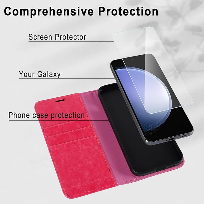 MONASAY Wallet Case Fit for Samsung Galaxy S23 FE 6.4 inch 5G,[RFID Blocking] Flip Folio Leather Cell Phone Cover with Credit Card Holder, Hot-Pink