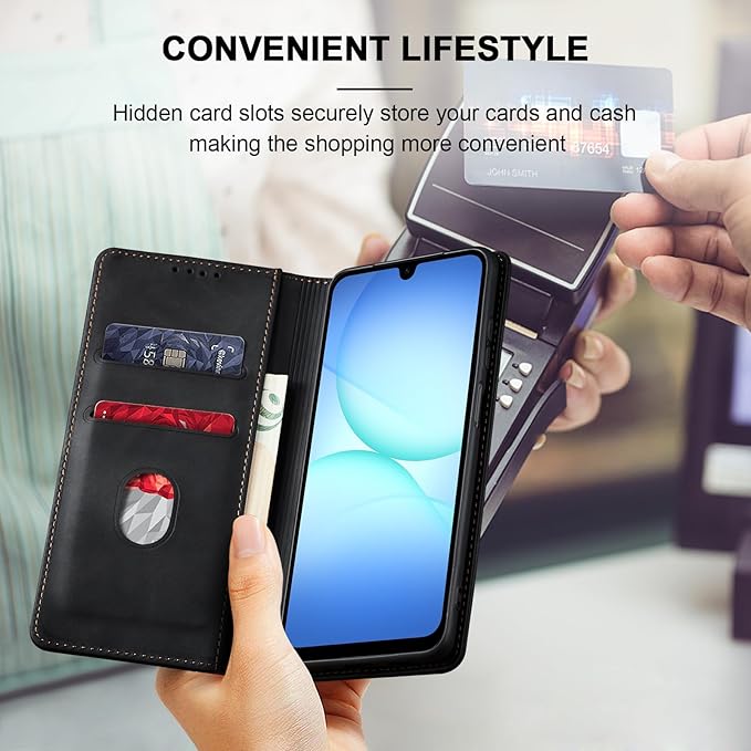 Jasonyu Flip Wallet Case for Samsung Galaxy A17 5G,Leather Magnetic Folio Cover with Card Holder,Kickstand - TPU Shockproof Durable Protective Phone Case,Black