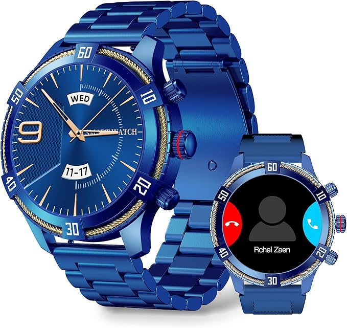 Smart Watch for Men Bluetooth Answer/Make Call, 1.43" AMOLED Display Luxury Smartwatch, Fitness Tracker with 100+ Sport Modes, Heart Rate/Sleep Monitor for iOS Android, 2 Watch Bands (Blue)
