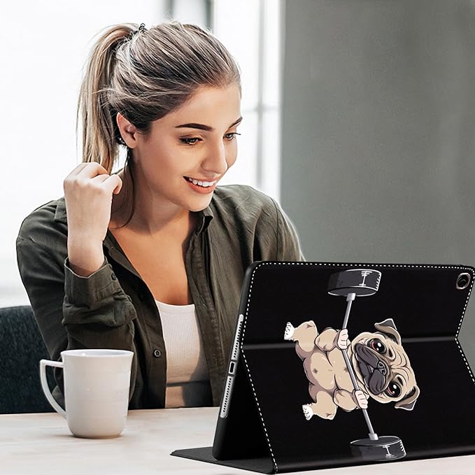 Case for Galaxy Tab A9 Plus ， Auto Sleep/Wake Multi-Angle Viewing Slim Folio Stand Cover for Samsung Galaxy Tab A9+/A9 Plus 11 Inch 2023 (SM-X210/X216/X218), Pug Dog Weightlifting