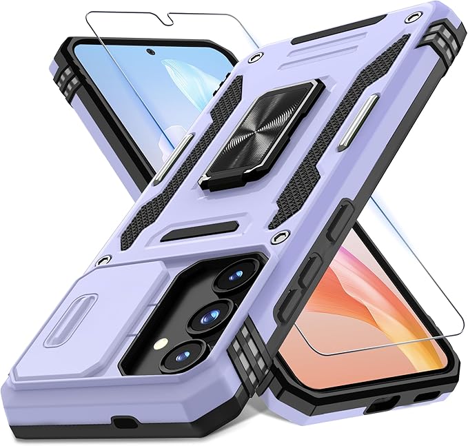 DEERLAMN Case for Samsung Galaxy S25 FE 6.7-Inch with Slide Camera Cover+Screen Protector(1 Pack), Rotated Ring Kickstand Military Grade Shockproof Protective Cover-Light Purple