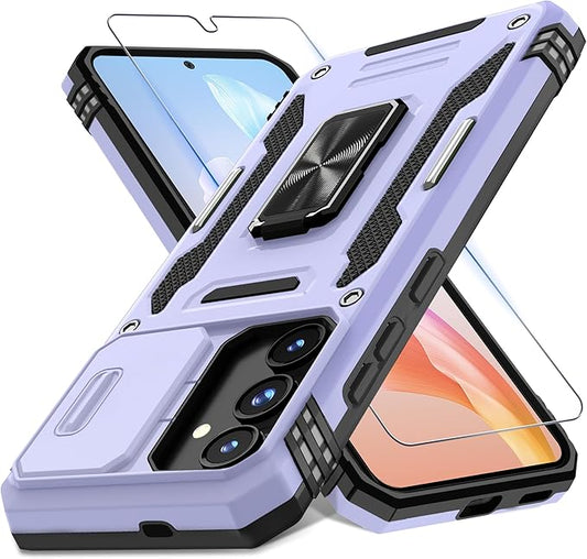 DEERLAMN Case for Samsung Galaxy S25 FE 6.7-Inch with Slide Camera Cover+Screen Protector(1 Pack), Rotated Ring Kickstand Military Grade Shockproof Protective Cover-Light Purple