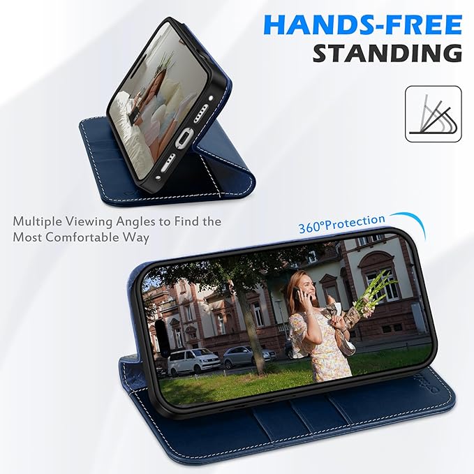 SHIELDON Real Leather Wallet Case for iPhone 17 6.3-inch 2025 | Magnetic Closure | RFID Blocking Card Slot | Kickstand | Shock-Absorbent | Soft Interior Phone Cover | Retro Dark Blue