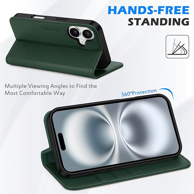 SHIELDON Case for iPhone 16 5G 2024, Genuine Leather Wallet Flip RFID Blocking Card Slot Kickstand Magnetic Shockproof TPU Phone Holder Case Compatible with iPhone 16 6.1" - Nappa Evergreen