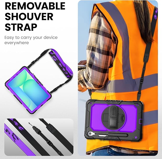 Timecity Case for Samsung Galaxy Tab S10 FE/ S9 FE 5G 10.9 Inch/ S9 11 Inch - Heavy Duty Protective Cover with Screen Protector, Rotating Stand, Shoulder Strap & S Pen Holder | Kids-Friendly, Purple