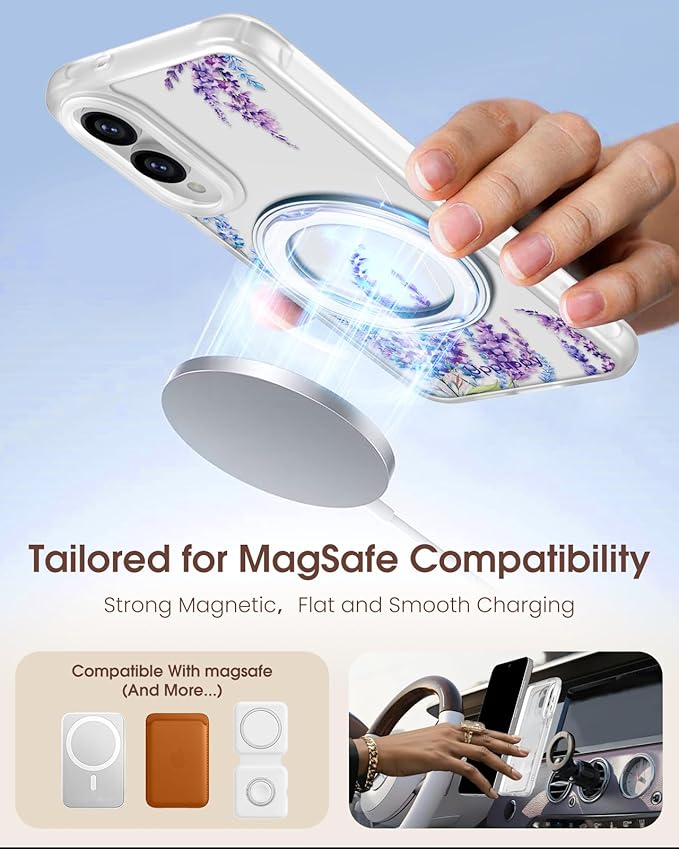 for Samsung Galaxy S25 Edge Case with 360° Rotatable Magnetic Ring - Compatible with MagSafe, Semi-Transparent Soft-Touch Material Shockproof, Cute Purple Floral Design for Women Girl