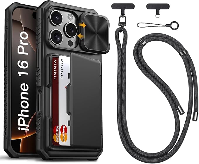 Vihibii for iPhone 16 Pro Case with Crossbody Lanyard Strap, Built-in Card Holder (4 Cards) [RFID Blocking] & Slide Camera Cover, Military Grade Drop Protection, Hard Back & Soft Edge Case, Black
