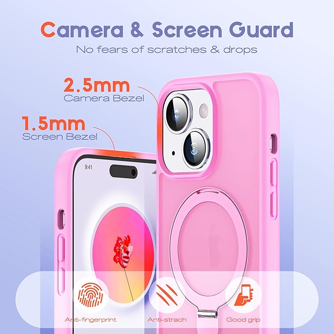 Designed for iPhone 16 Pro Max Case with Magnetic Ring Stand [Compatible with Mag-Safe] [Military Drop Protection] Shockproof Translucent Phone Cover 6.9" for Women Men,Pink