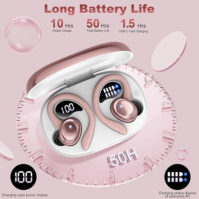Wireless Earbuds Bluetooth 5.4 Headphones Sport, 2025 Bluetooth Earbuds with Earhooks, 50H Stereo Over Ear Buds, Earphone with 4 ENC Noise Canceling Mic, IP7 Waterproof Headset for Running/Gym/Workout