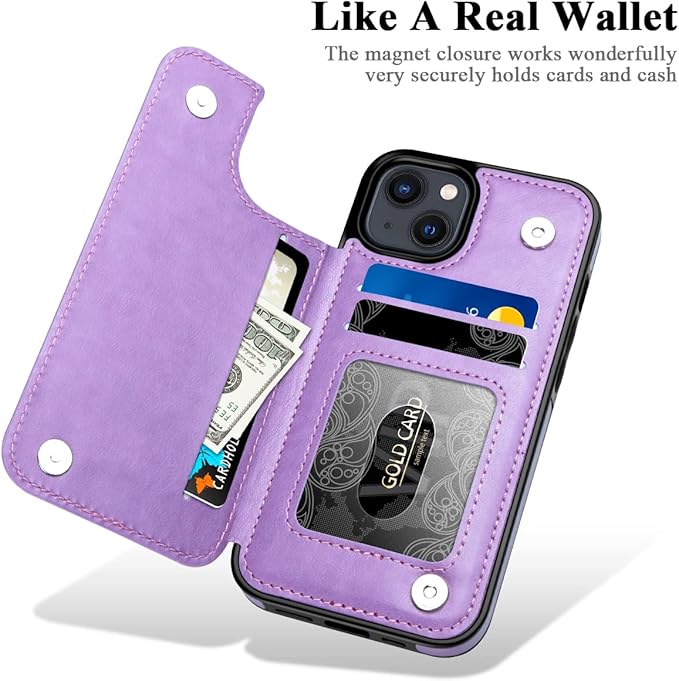 MMHUO for iPhone 14 Case with Card Holder, Flower Magnetic Back Flip Case for Women, Protective Case Phone Case for iPhone 14, Purple