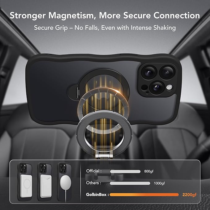 GolbinBox for iPhone 14 Pro Case for Women,[Compatible with Magsafe][360° Spin Magnetic Stand][Cute Wave Edge][Military-Grade Protection] Translucent Matte Phone Case for iPhone 14 Pro, Black