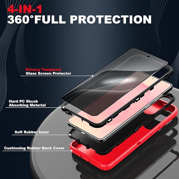 Designed for Samsung Galaxy S25 Edge Case [with Privacy Screen Protector] 3-Layer Full Body Protection Rugged Shockproof Heavy Duty Phone Case Cover, Red/Black