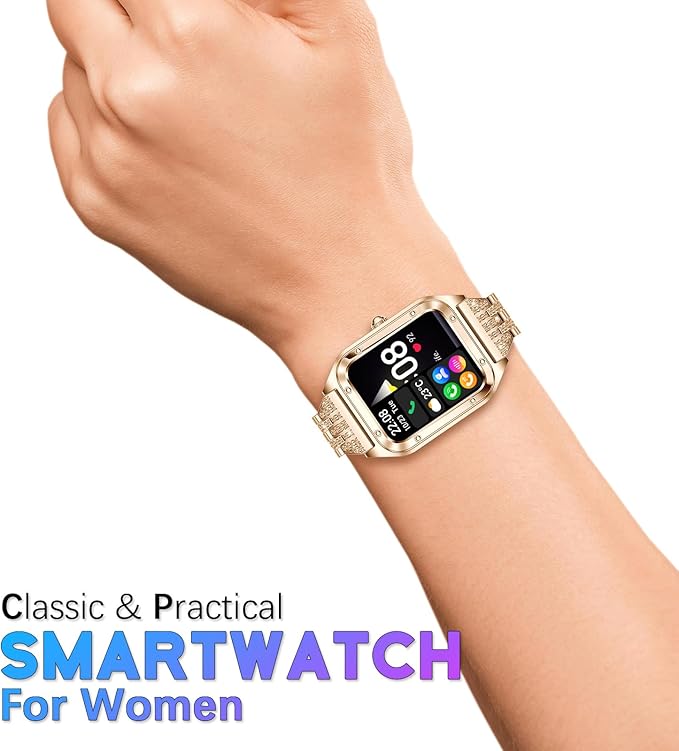 Smart Watch for Women, 1.59'' Full Touch Women's Smartwatch with Female Health Tracking, Fitness Tracker Heart Rate Monitor, Waterproof Sports Smartwatch for Android iOS (Gold Steel RT-i98)