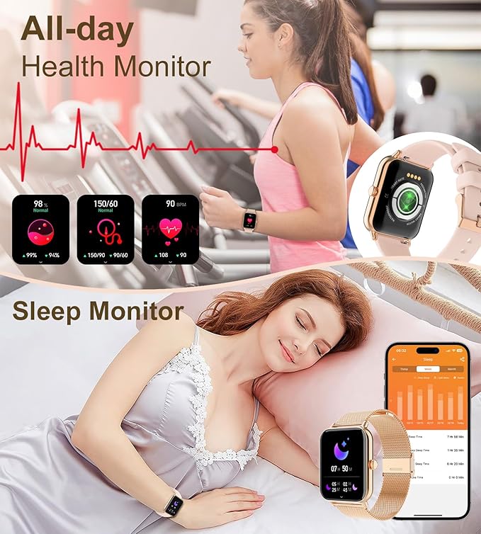 Smart Watch for Women with Bluetooth Call Answer/Dail,1.85" DIY Dial Fitness Watch with Heart Rate Sleep Monitor Step Counter 120+ Sports Modes Waterproof Women's Smart Watch for Android iOS (Gold)