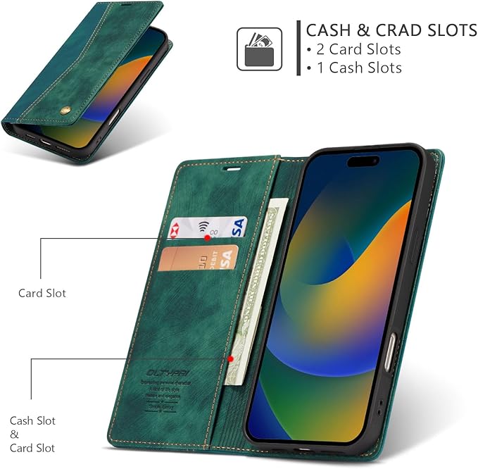 QLTYPRI for iPhone 16 Pro Max Case Wallet with Card Holder, Vintage PU Leather Kickstand Magnetic Closure Shockproof Folio Book Cover Case for iPhone 16 Pro Max - Retro Green