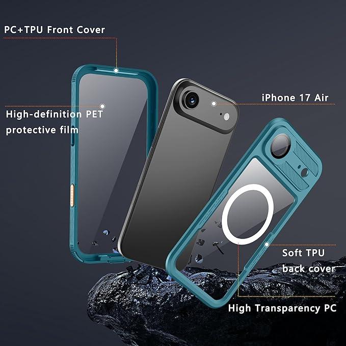 GOLDJU Magnetic for iPhone 17 Air Case-Waterproof, Built-in Screen & Camera Protector-IP68 Underwater Full Body 16FT Military Dropproof Shockproof Case for 17 Air 6.6''- Blue