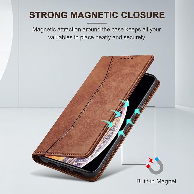 Jasonyu Flip Wallet Case for iPhone Xs Max,Leather Magnetic Folio Cover with Card Holder,Kickstand - TPU Shockproof Durable Protective Phone Case,Brown