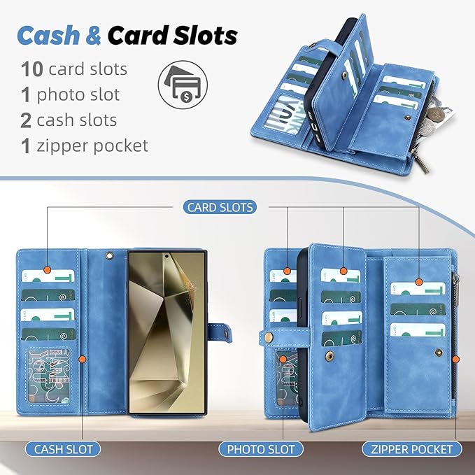 TwoHead for Samsung Galaxy S24 Ultra Wallet Case with Card Holder & Detachable Magnetic Phone Case for Galaxy S24 Ultra,PU Leather Shockproof Protective Phone Cover Wallet(6.8 in,Sky Blue)