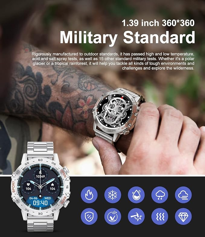 Military Smart Watch for Men(Answer/Dial Calls),1.39''HD Touchscreen,5ATM Waterproof Fitness Watch,100 Sports Modes, with Blood Pressure/Heart Rate/SpO2 for Android/iOS Smart Watch Silver