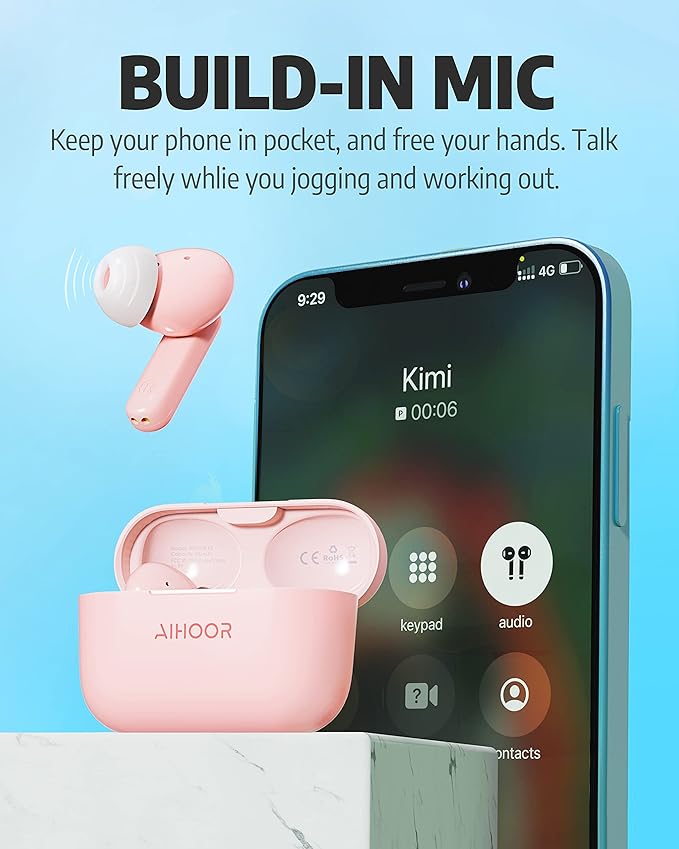 AIHOOR Wireless Earbuds for Music and Sports, Bluetooth 5.3 in-Ear Headphones with Extra Bass Built-in Mic Touch Control 30hr Battery Earphones, Waterproof (Pink)