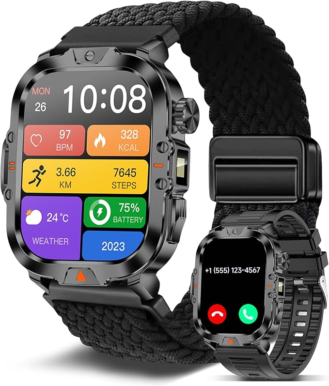Smart Watch for Men Military Answer/Make Call 2.01″ Display 170+ Sports Modes Fitness Smart Watch IP68 Waterproof 30 Days Standby Smartwatch for Android iOS Black Extra Nylon Straps