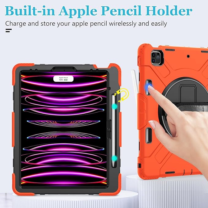 Case for iPad Pro 12.9 2022/2021/ 2020/2018: Cover for iPad Pro 12.9 6th/ 5th/ 4th/ 3rd Generation with Screen Protector- Stand- Pencil Holder- Handle- Shoulder Strap-Orange