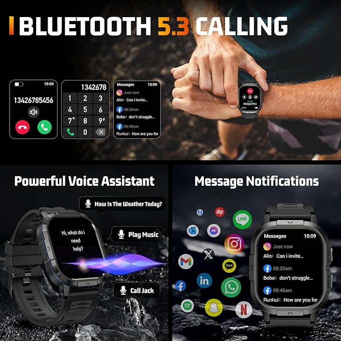 Military Smart Watches for Men-2.06”AMOLED Bluetooth Calls, IP68 Fitness Activity Step Tracker with Sleep Monitor/Pedometer/110+ Sports Modes, Tactical Smart Watch for Android iOS Samsung Compatible