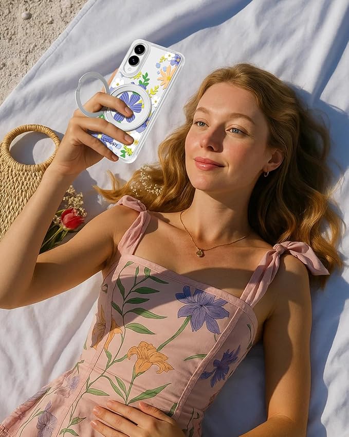 for Samsung Galaxy S25 Edge Case with 360° Rotatable Magnetic Ring - Compatible with MagSafe, Semi-Transparent Soft-Touch Material Shockproof, Cute Purple Flower Design for Women Girl