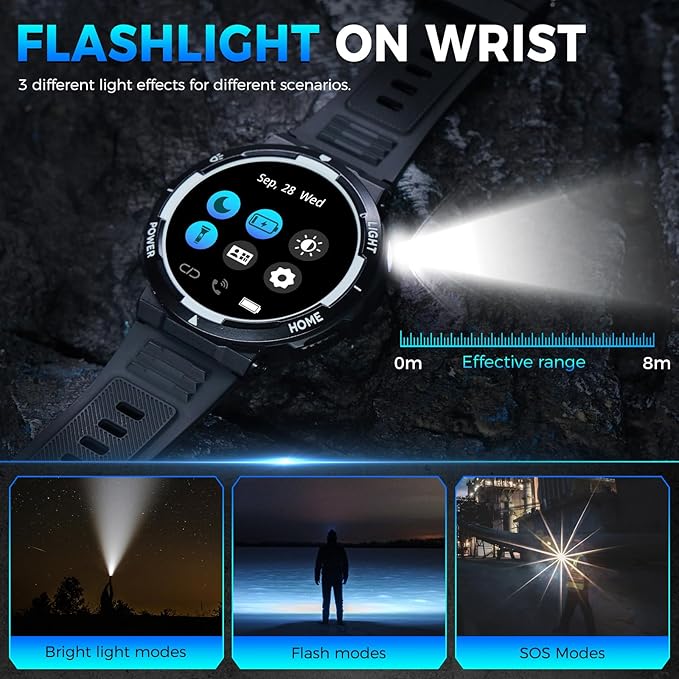 Military Smart Watch for Men(Answer/Make Call), Rugged Smartwatch with LED Flashlight/3ATM Waterproof/400mAh Battery/100+ Sports Modes/Heart Rate/Sleep Monitor, Fitness Tracker for iOS Android