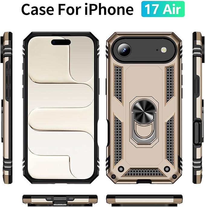 ADDIT Compatible with iPhone 17 Air Case with Tempered Glass Screen Protector, Adjustable Kickstand Ring, Military-Grade Heavy Duty Protection, Shockproof, Anti-Fingerprint,Gold