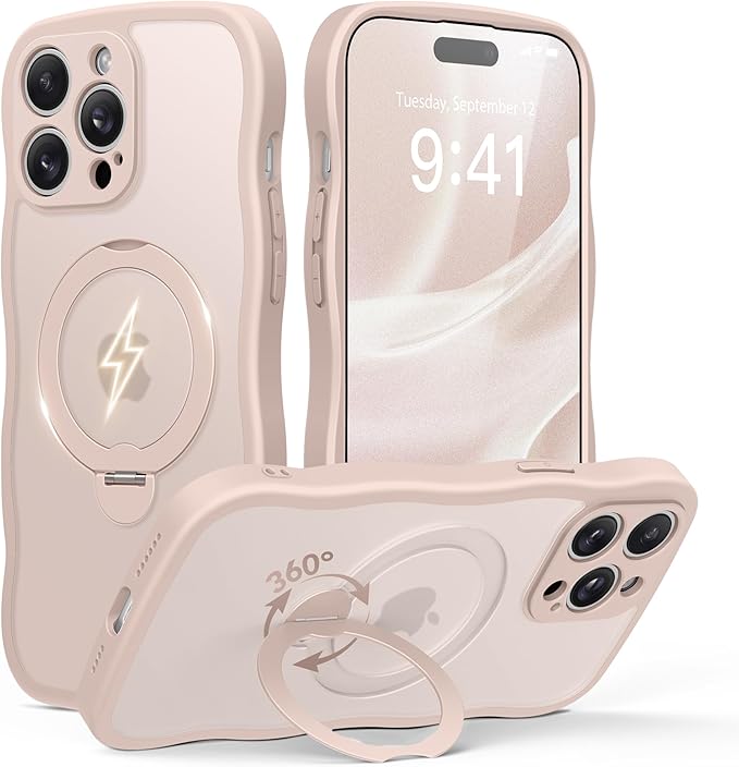 for iPhone 14 Pro Max Case for Women,[Compatible with Magsafe][360° Spin Magnetic Stand][Cute Wave Edge][Military-Grade Protection] Translucent Matte Phone Case for iPhone 14 ProMax, Rose Gold