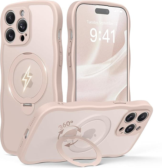for iPhone 14 Pro Case for Women,[Compatible with Magsafe][360° Spin Magnetic Stand][Cute Wave Edge][Military-Grade Protection] Translucent Matte Phone Case for iPhone 14 Pro, Rose Gold