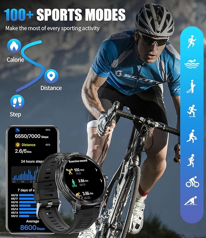 LIGE Military Smart Watches for Men with 80-Days Standby(710mAh)/Flashlight/50M Waterproof/1.85" HD Large Screen,100+ Sports Fitness Tracker Watch,Pedometer Mens Smart Watch for Android iPhone