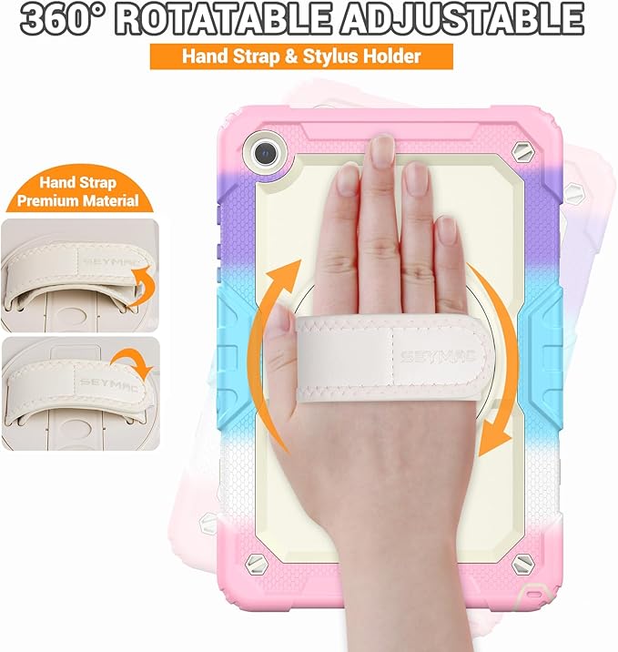 SEYMAC Case for Samsung Galaxy Tab A9+/ A9 Plus 11" (SM-X210/X216/X218), Heavy Duty Shockproof Protective Case with Screen Protector, Rotating Stand, Hand/Shoulder Strap, Pink