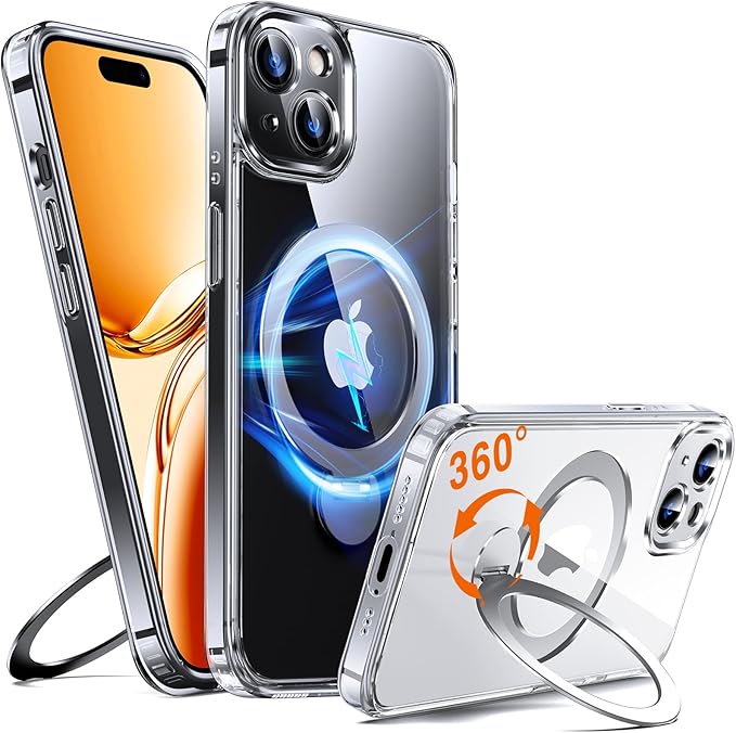 360° O-Ring MagStander for iPhone 15 Case with Magnetic Kickstand Ring Holder [Compatible with MagSafe][360°Rotate Stand Ring][Military Shockproof] iPhone 15 Phone Cover Clear