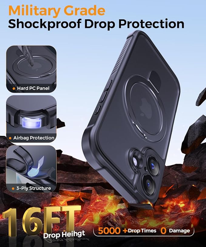 MOCCA Compatible with iPhone 17 Case with Magnetic Invisible Stand [Full Camera Protection] [Compatible with Magsafe] Military Drop Shockproof Translucent Matte Phone Case Cover 6.3",Black