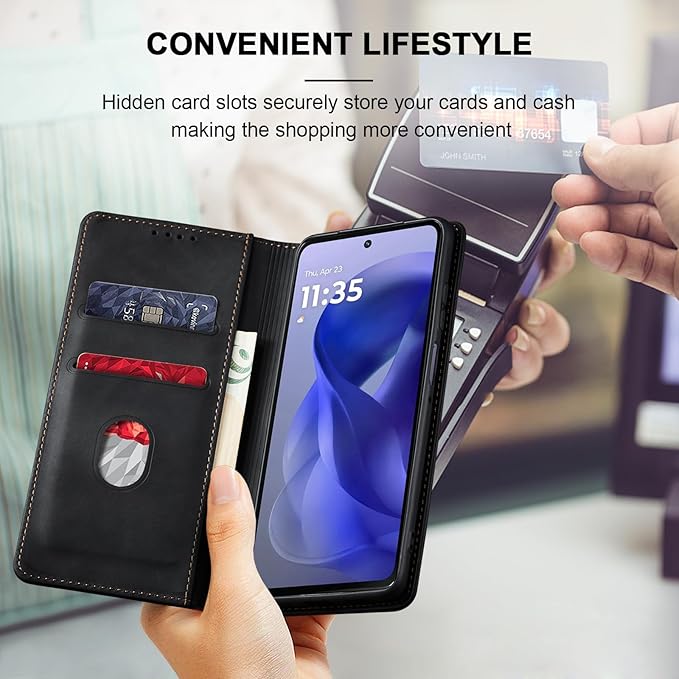 Jasonyu Flip Wallet Case for Moto G Power/Play (2025),Leather Magnetic Folio Cover with Card Holder,Kickstand - TPU Shockproof Durable Protective Phone Case,Black