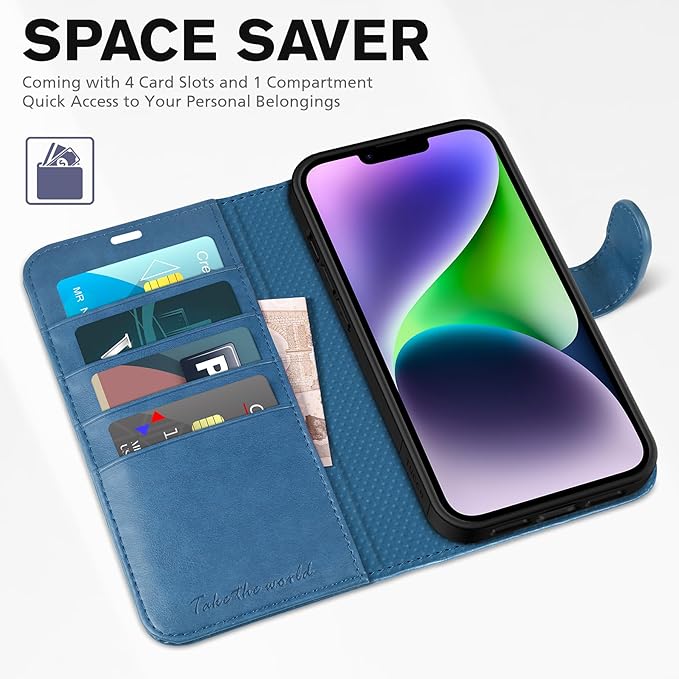 TUCCH Wallet Case for iPhone 14 6.1", Magnetic PU Leather Stand Flip Cover with 4 Card Slots [TPU Shockproof Interior Shell], [RFID Blocking] Folio Case Compatible with iPhone 14 6.1-inch, Lake Blue