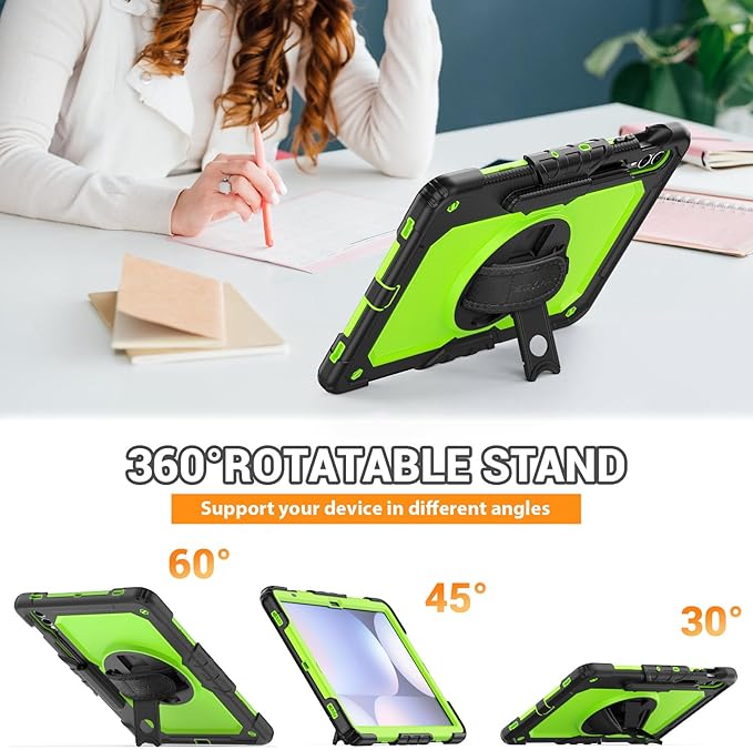 SEYMAC Case for Samsung Galaxy Tab S10+ Plus 2024/S9 FE+/S9+ 12.4" 2023, Heavy Duty Shockproof Protective Case With Screen Protector, Stand, Hand/Shoulder Strap and Pen Holder, Green