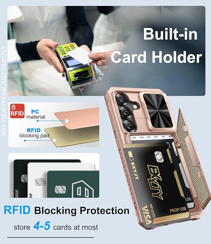 for Samsung Galaxy S25 Phone Case Wallet, Card Holder (4-5 Cards), RFID Block, Slide Camera Cover, Military Grade Shockproof, Heavy Duty Men Women Phone Cases for Samsung Galaxy S25, Rose Gold