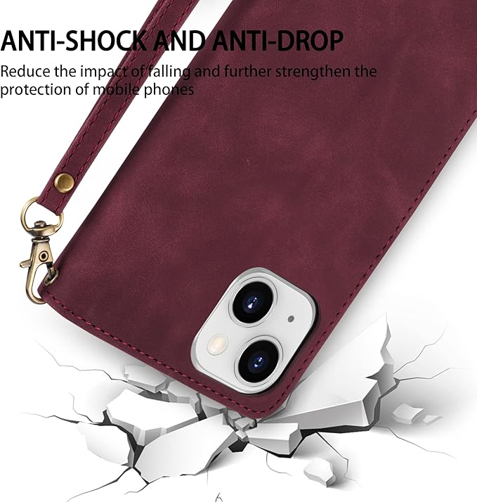 ZZXX for iPhone 14 Plus Case Wallet with [RFID Blocking] Card Slot Premium PU Leather Zipper Flip Folio with Wrist Strap Kickstand Protective Cover for iPhone 14 Plus Wallet Case(Wine Red-6.7 inch)