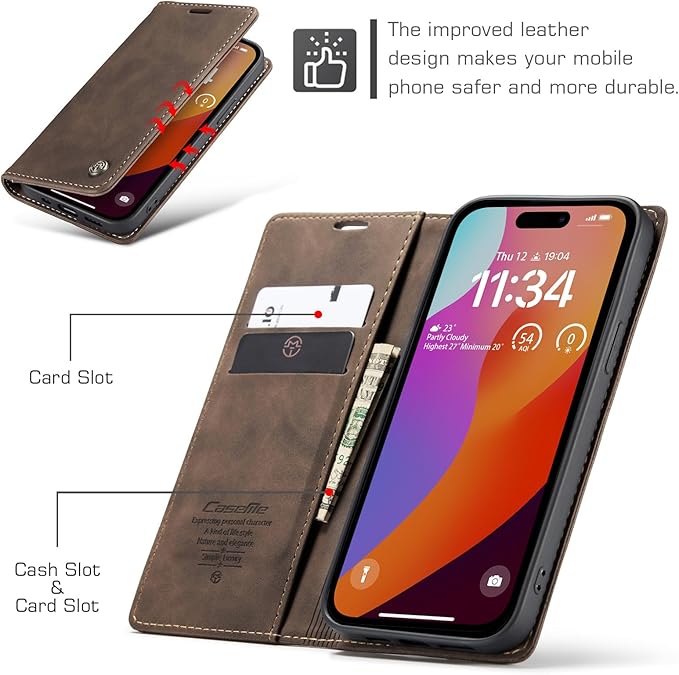 for iPhone 15 Pro Max Case, Flip Wallet Leather Case with Card Holder Magnetic Closure Shockproof Kickstand Protective Phone Cases Cover for iPhone 15 Pro Max, Coffee