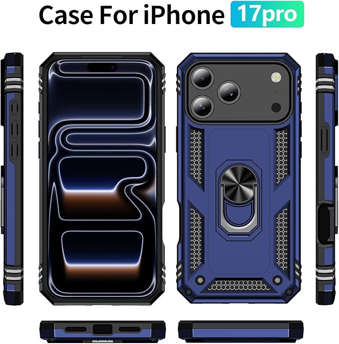 ADDIT Compatible with iPhone 17 Pro Case with Tempered Glass Screen Protector, Adjustable Kickstand Ring, Military-Grade Heavy Duty Protection, Shockproof, Anti-Fingerprint,Blue
