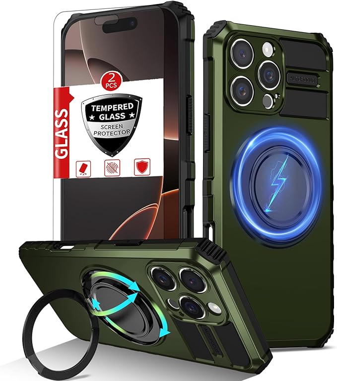for iPhone 16 Pro Max Case Magnetic Compatible with MagSafe,with 2 Screen Protector,Built-in Camera Cover+Kickstand Ring,Military Grade Drop Shockproof Heavy Duty Protection Phone Bumper Green