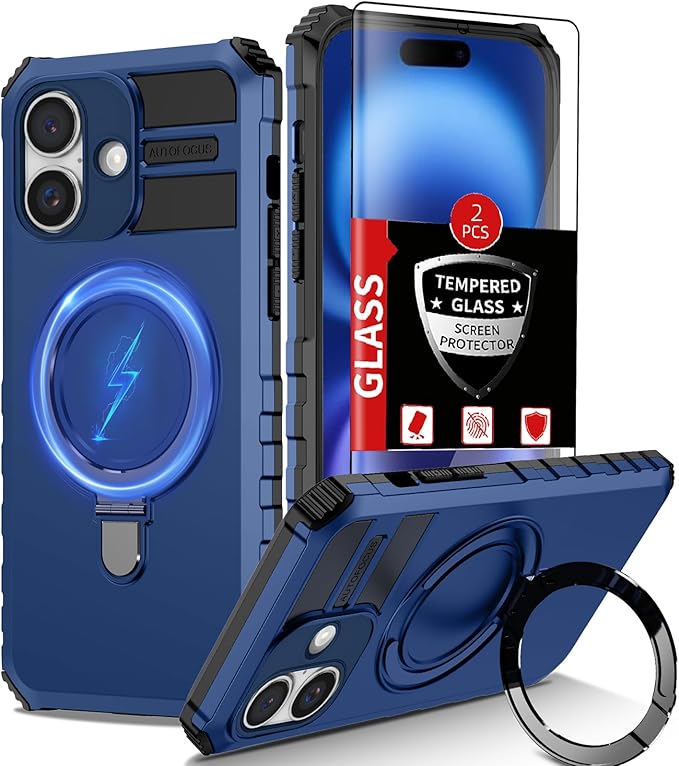 for iPhone 16 Plus Case Magnetic Compatible with MagSafe Wireless Charging,with 2 Screen Protector,with Kickstand Ring Shockproof Shock-Absorbent Heavy Duty Protection Scratch Resistant Blue