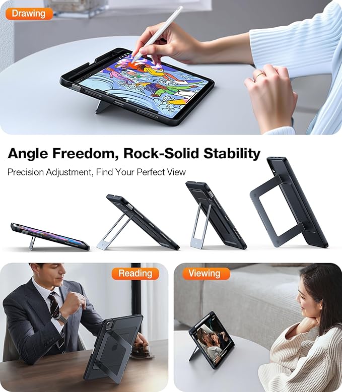 TORRAS for iPad Air 11 inch Case (M3 2025, M2 2024), iPad Air 5th, 4th Generation Case, Ultra Stable Stand, Multiple Adjustable Viewing Angles, Protective Kickstand Cover with Pencil Holder, Black