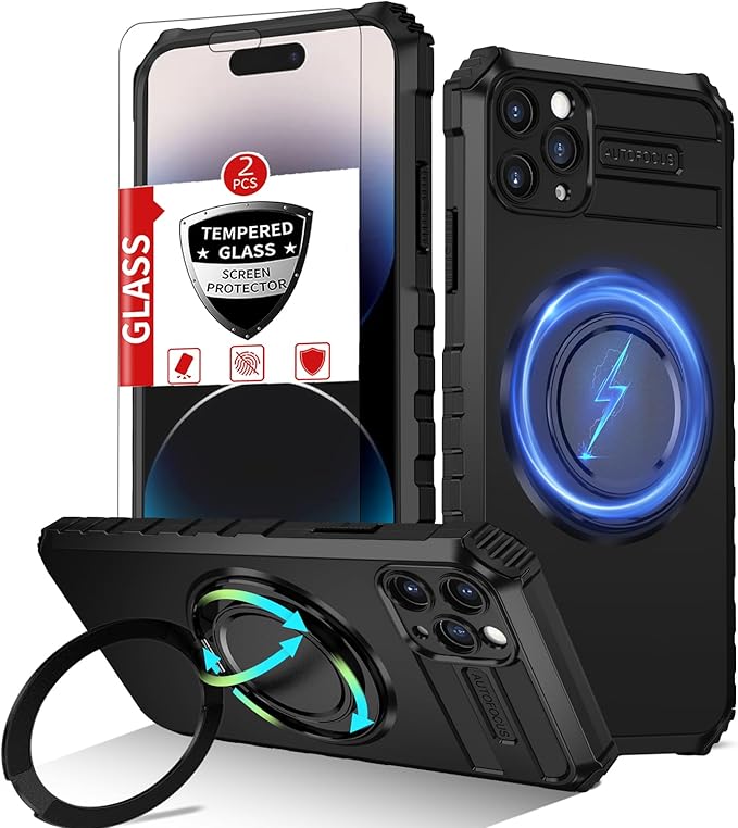 Magnetic for iPhone 14 Pro Case Compatible with MagSafe Wireless Charging,14Pro Phone Case with 2Screen Protector,with Kickstand Ring Military Grade Drop Shockproof Heavy Duty Protection Black