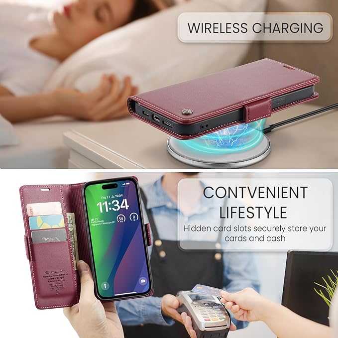 SINIANL Compatible with iPhone 15 Wallet Case with RFID Blocking, for iPhone 15 Case Wallet for Women Men Card Holder Magnetic Clasp Kickstand Leather Book Folio Case for iPhone 15 Red